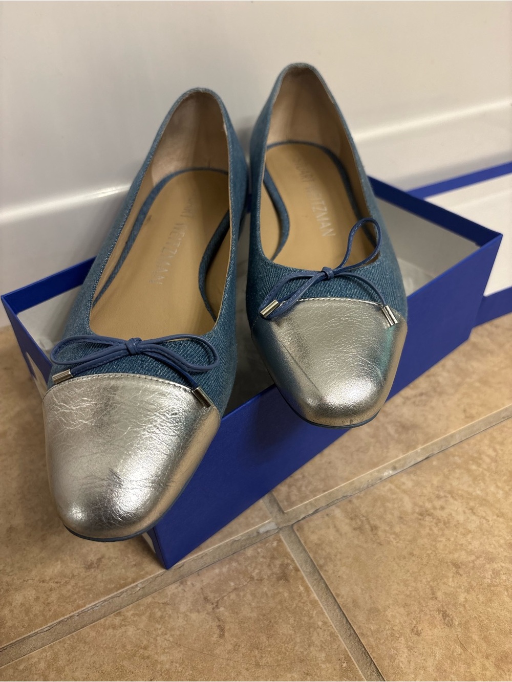 Stuart Weitzman Denim Blue Flats with Silver Cap Toe